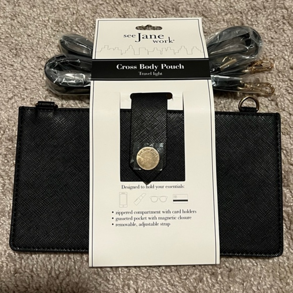 See Jane Work Womens Leather Adjustable Strap Crossbody Pouch Black One Size New